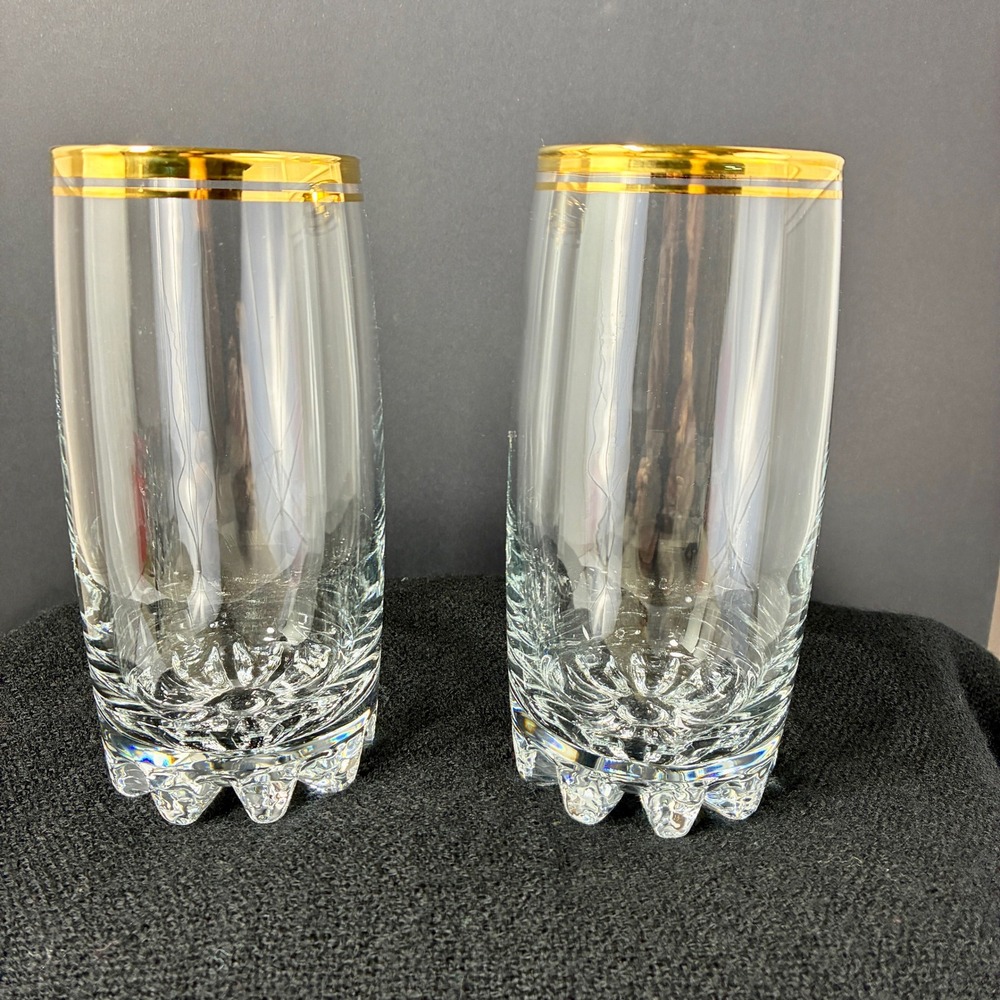 VTG Circleware Crystal Parisian Highball Tumbler Drink Clear / Gold Bands Set 2